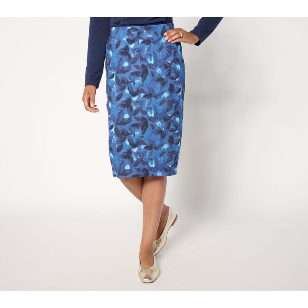Denim & Co. Women's Petite Skirt PXL Printed Knit Twill Pull-On Blue A657840